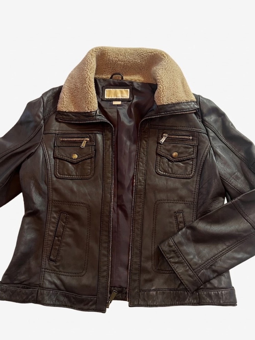 Michael Kors Leather Aviator Jacket Faux Shearling Collar XL
